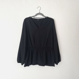 Alfani Smocked Peplum‎ Top Black LARGE Buttons Long Sleeve Office Dressy *READ